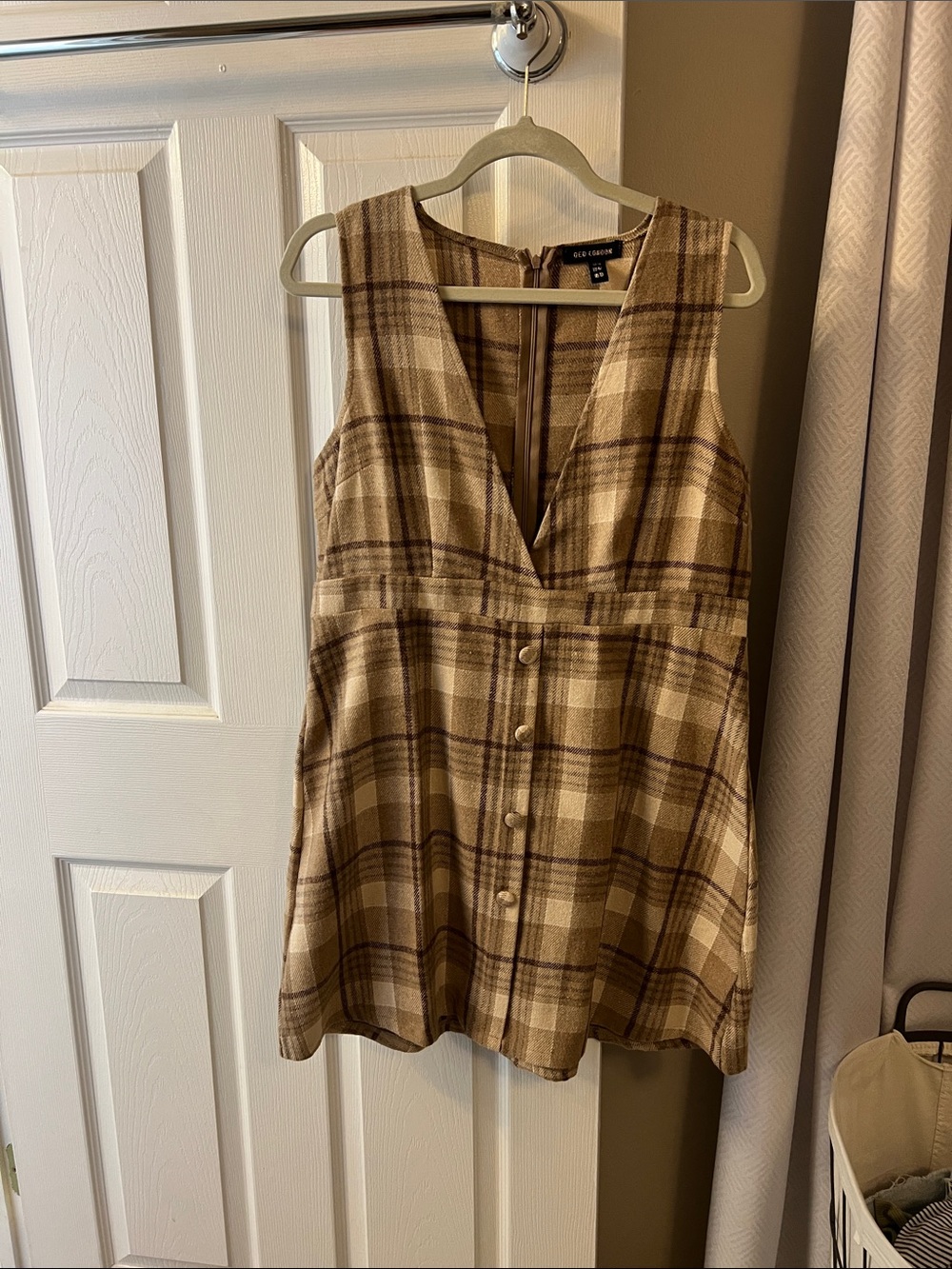 QED London Beige and Brown Plaid V-Neck Button Mini Dress
